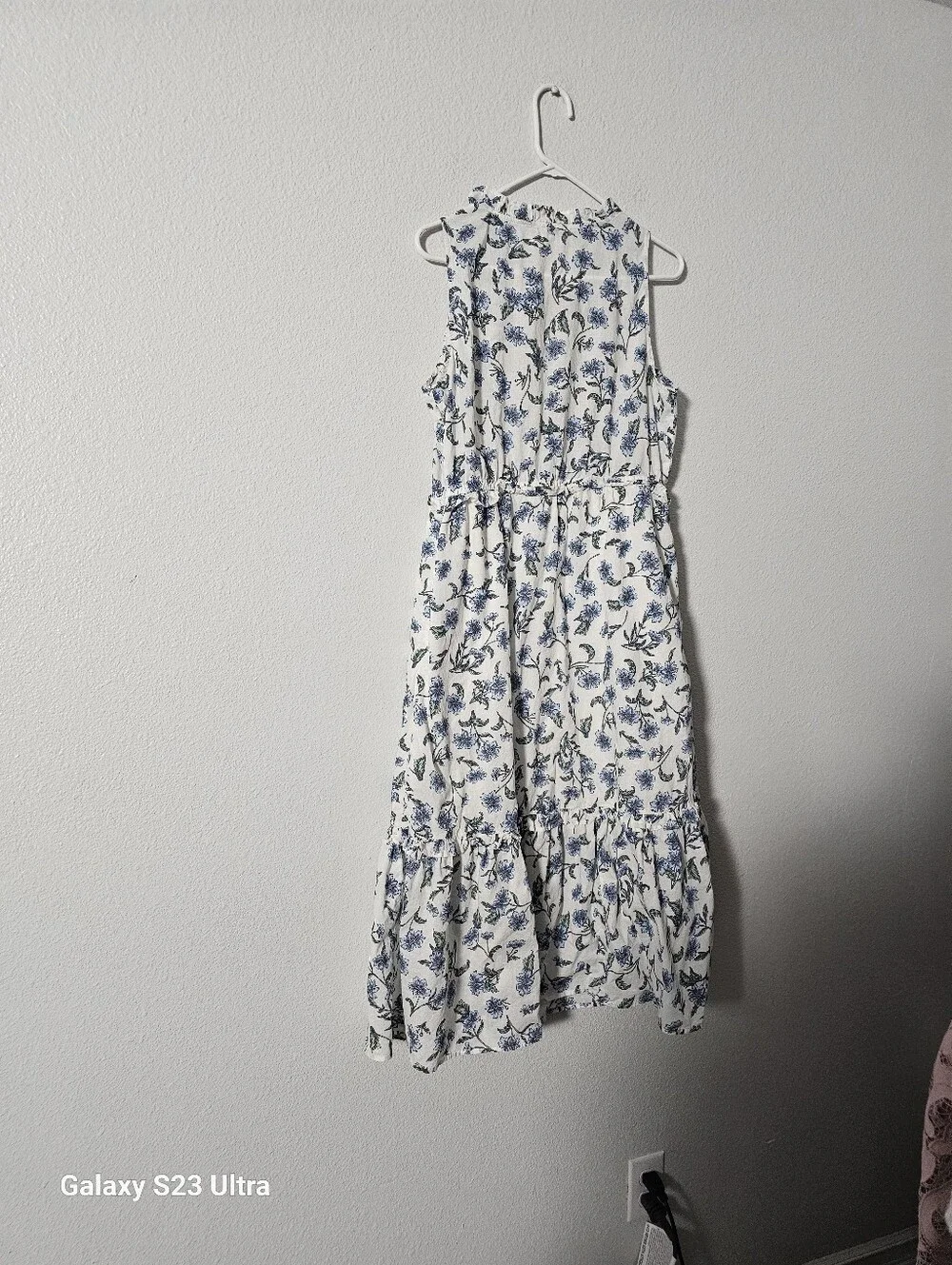 J. Crew White Midi Dress with Blue Floral Print Sz 12